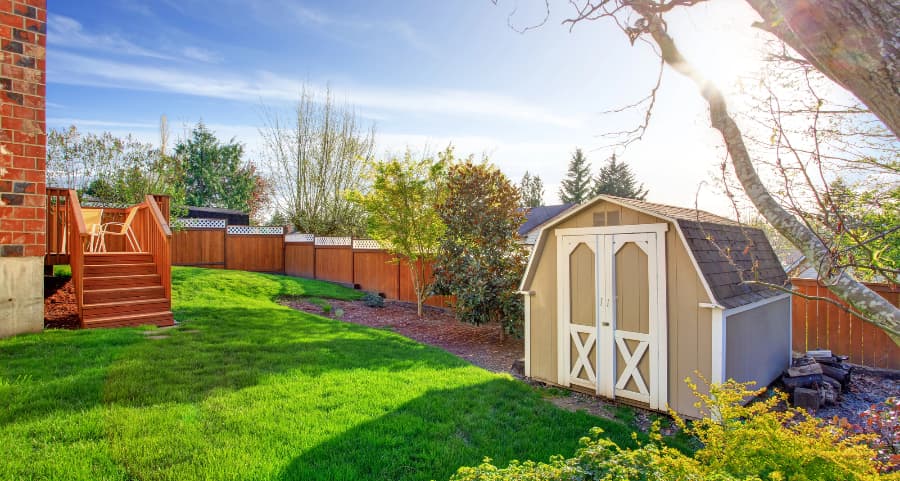 Fenced backyard with storage shed in El Paso